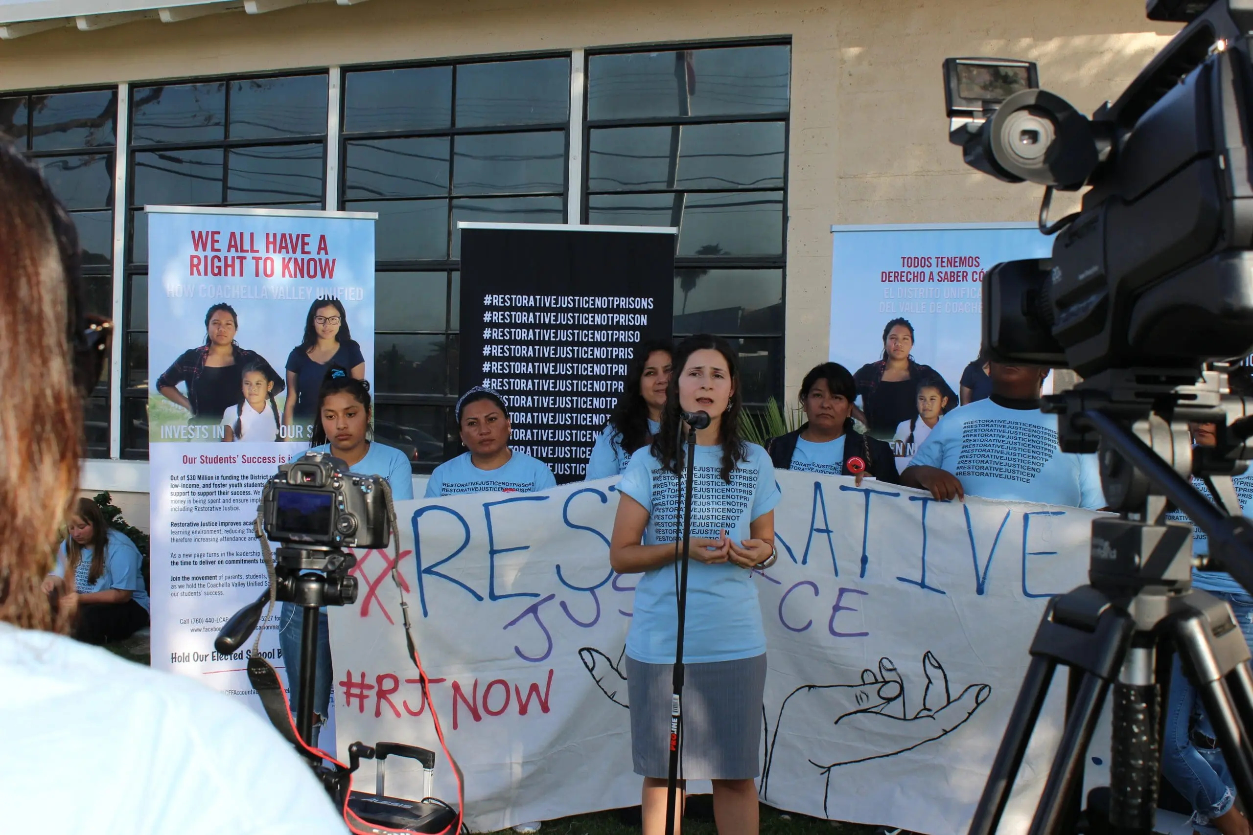 Silvia Paz speaks to the media about the importance of restorative justice in our public schools.