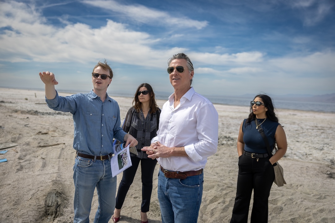 California Governor Gavin Newsom with Silvia Paz and Joe Shea at the Salton Sea