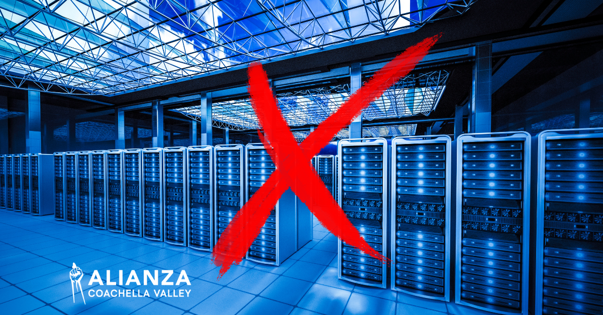 A data center with a red x over it.